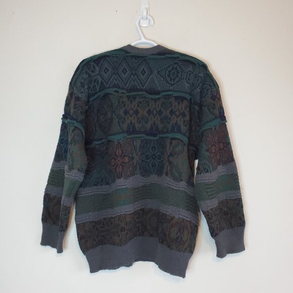 Vintage 90s 3D Knit Patterned Chunky Sweater Green Size L - Picture 2 of 4